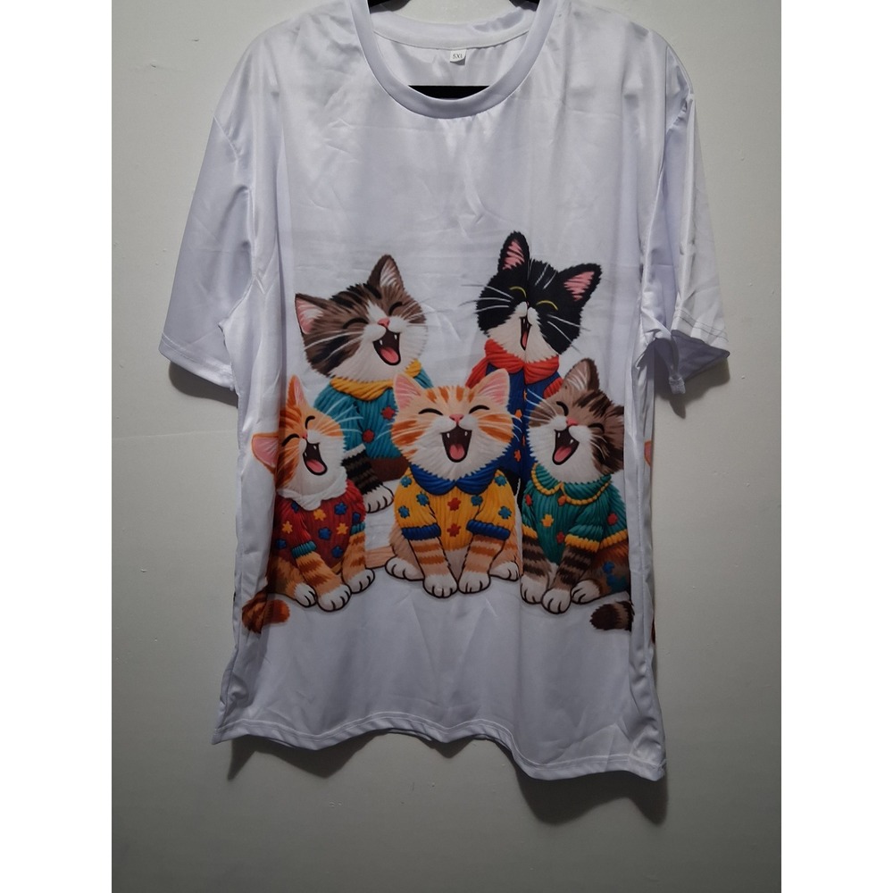 White Graphic Cat T-Shirt Women's Short Sleeve Caroling Cartoon Cats Tee XXL